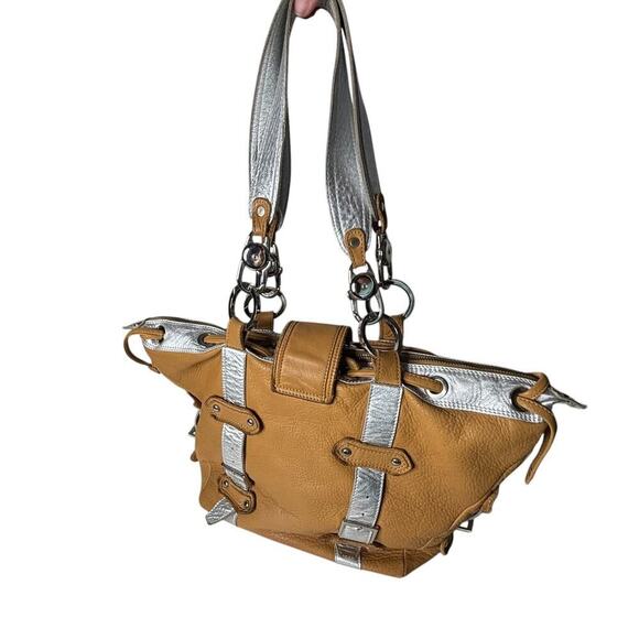 Gustto Italian Leather Large Satchel Bag Tan Silver - Picture 4 of 10